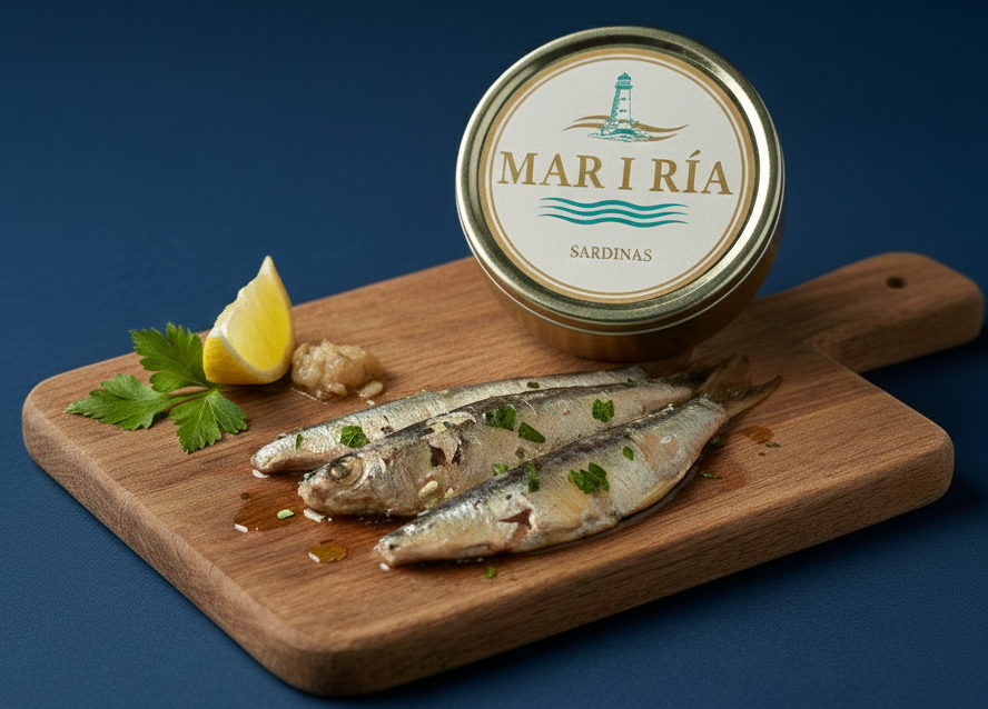 Tres sardinas frescas en aceite con perejil y un trozo de limón, junto a una lata de conservas 
                Mar i ría sobre una tabla de madera.